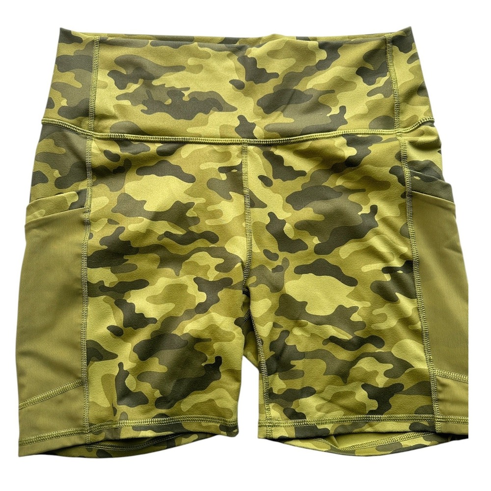 Fabletics PowerHold Biker Shorts Green Camo Pocket Athletic Gorpcore Workout Med